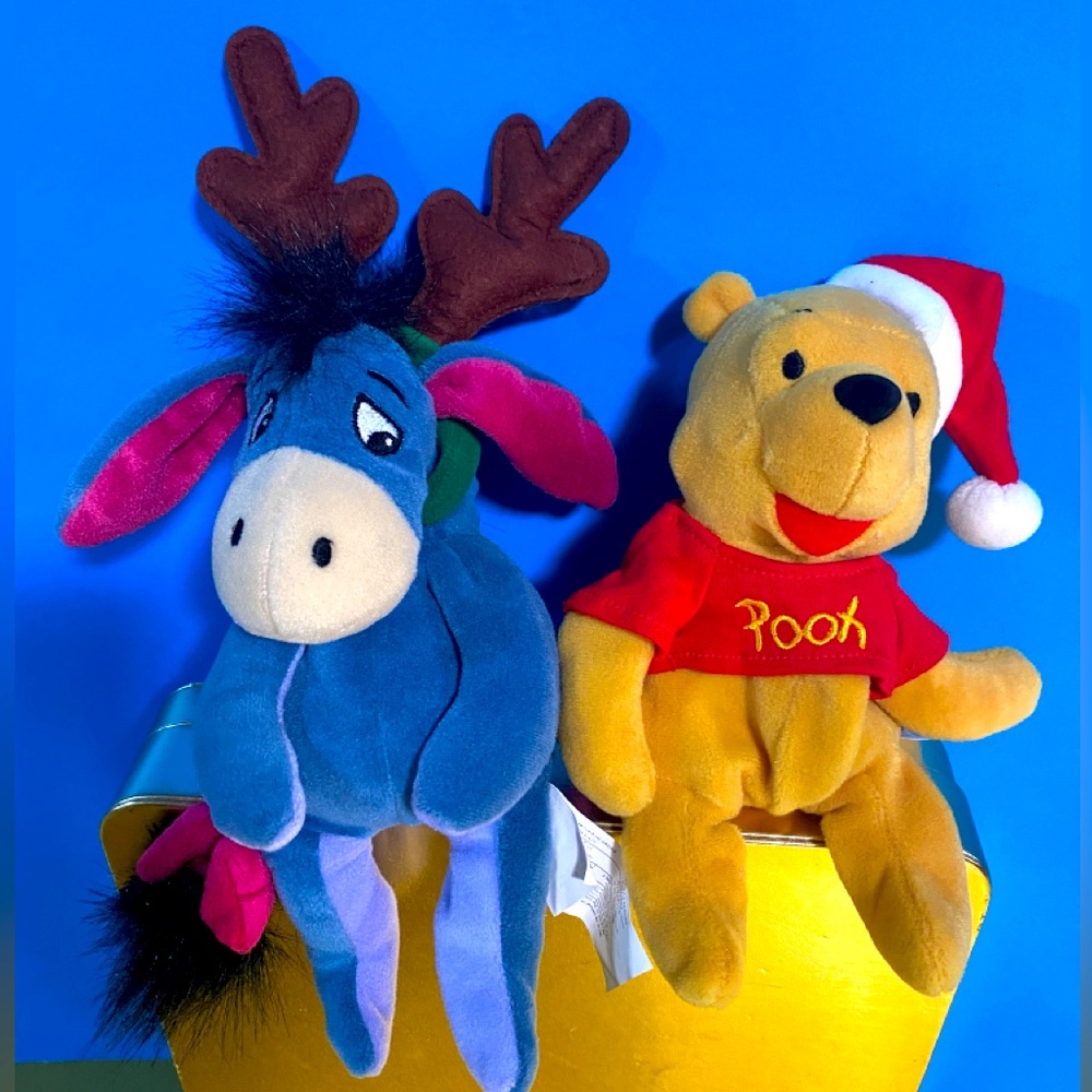 DISNEY STORE VTG 90’s CHRISTMAS WINNIE THE POOH SANTA & EEYORE REINDEER PLUSH